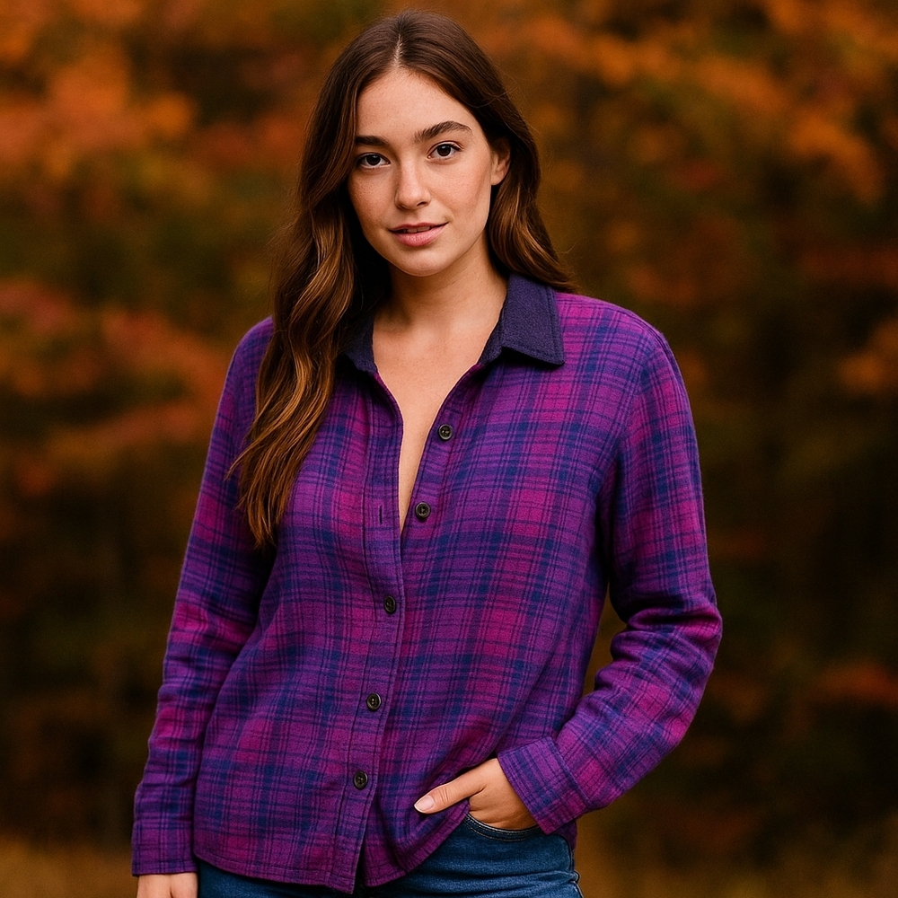LL Bean Women Medium Purple Plaid Fleece Lined Flannel Jacket